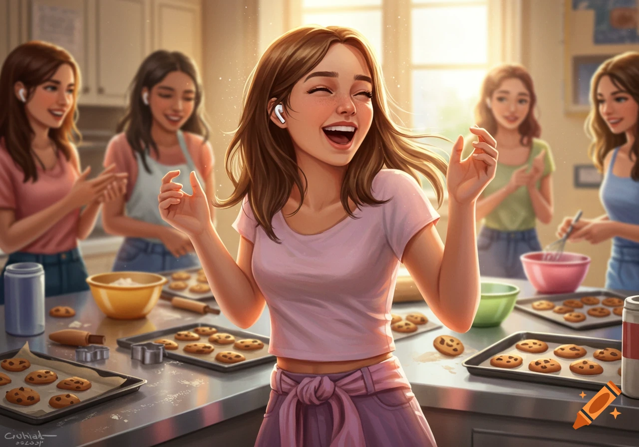 Digital illustration of smiling teenage girls baking cookies in a sunny kitchen, one laughing with earbuds.