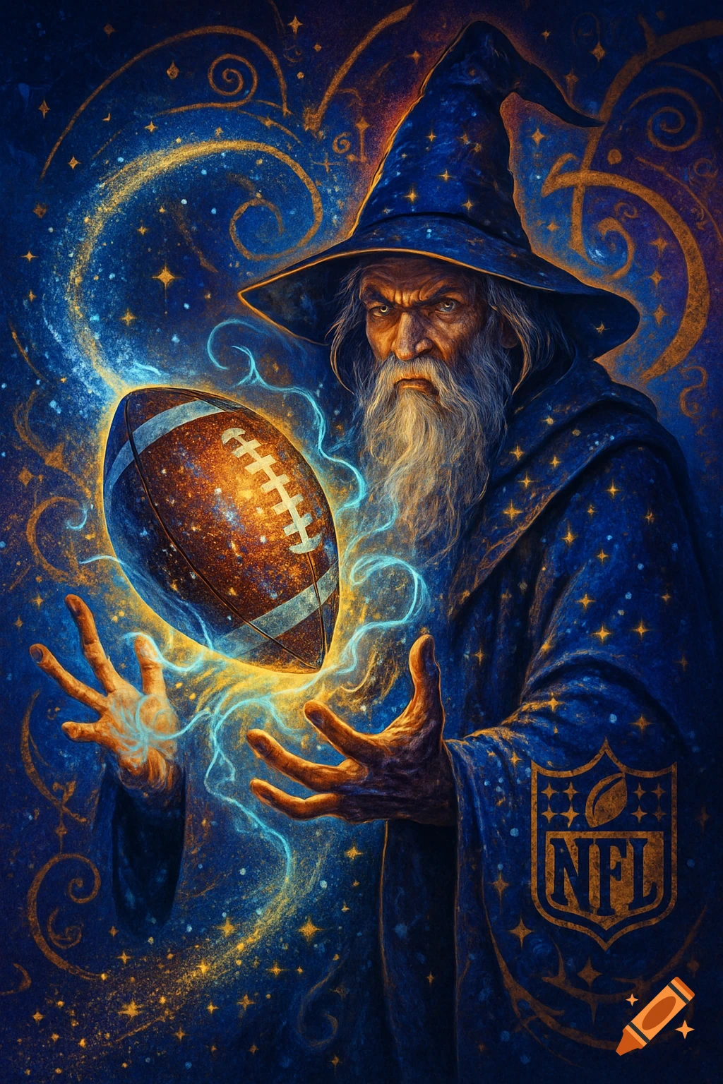 A wizard in a blue starry robe with an NFL logo conjures a glowing American football with magical energy. Digital art style.