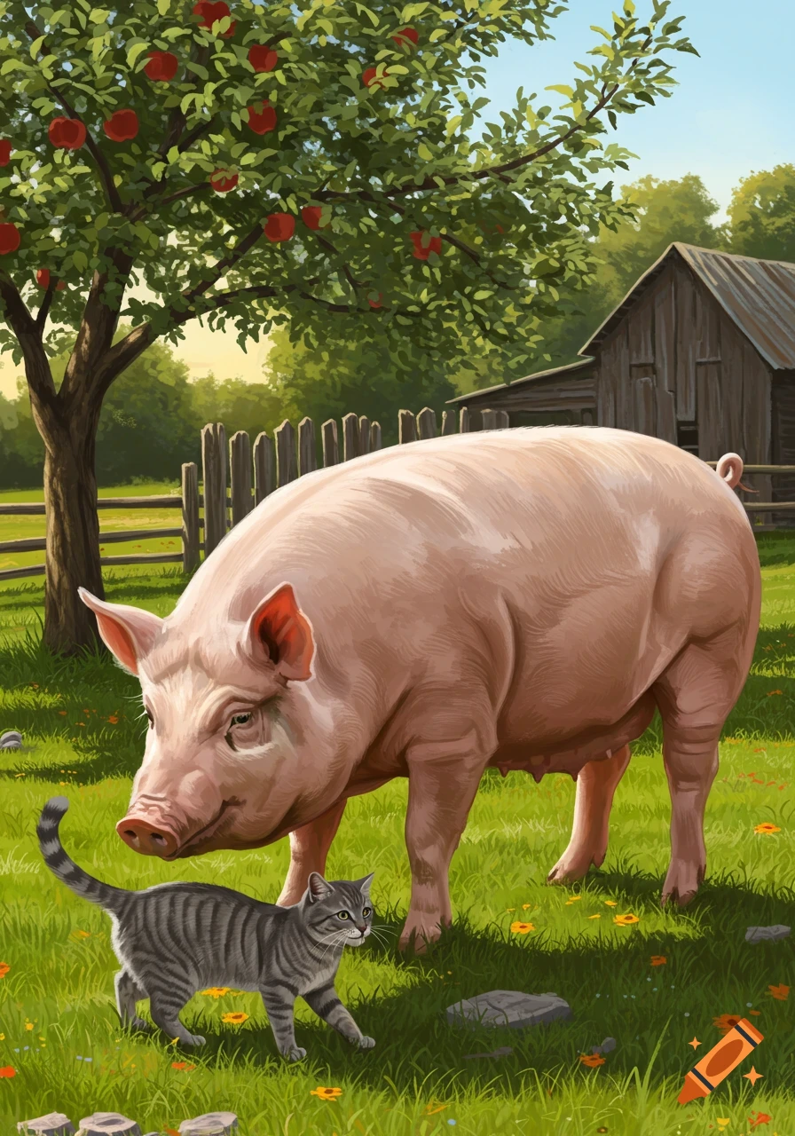 A large pink pig and a gray tabby cat stand in a green field with an apple tree and barn in a painterly illustration.