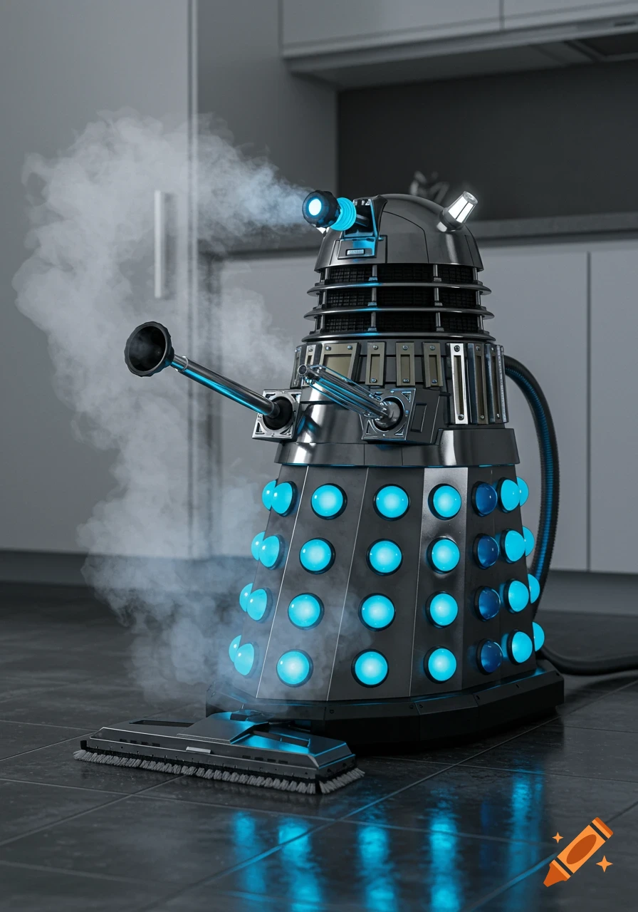 A photorealistic Dalek-like robot operating as a floor steamer, emitting steam on a tiled kitchen floor.