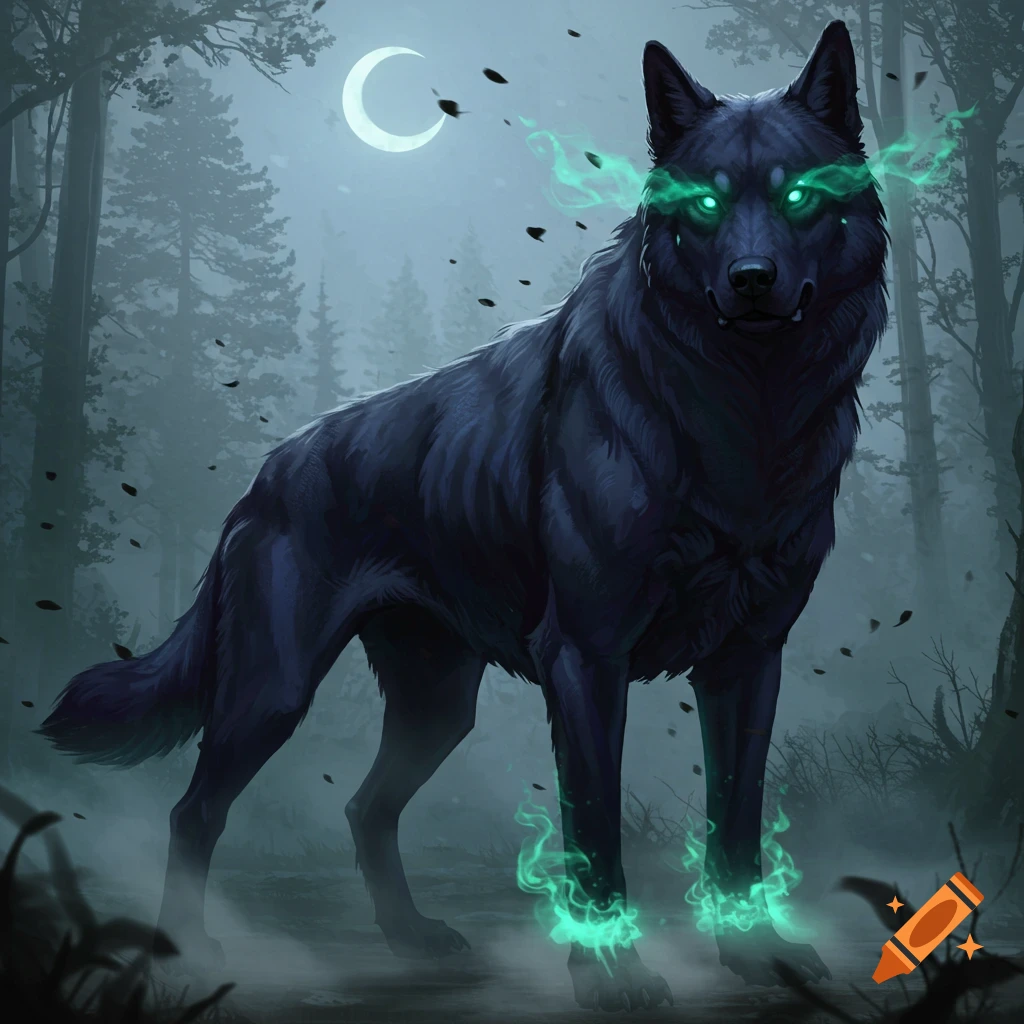 A black wolf with glowing green eyes and mystical green flames stands in a misty forest under a crescent moon.