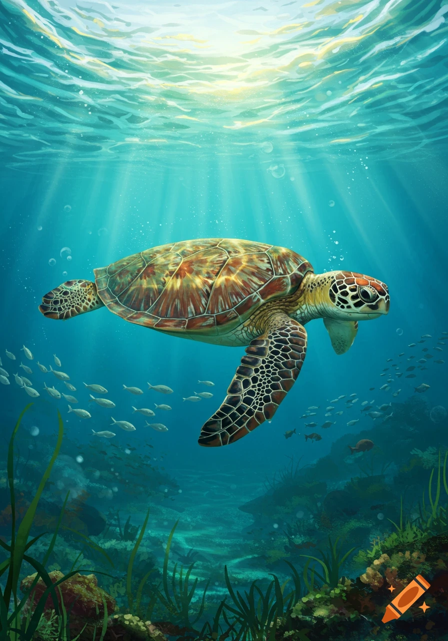 A colorful sea turtle swims gracefully through vibrant blue waters, with rays of sunlight piercing from above and schools of fish swimming around coral reefs below.