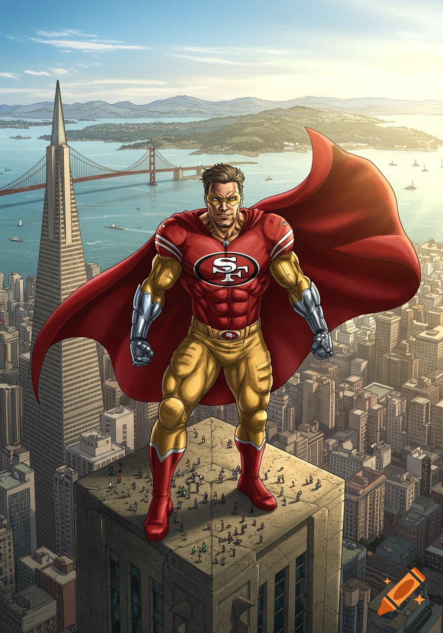 A muscular superhero in a red and gold 49ers suit and cape stands atop a skyscraper in San Francisco, comic art style.