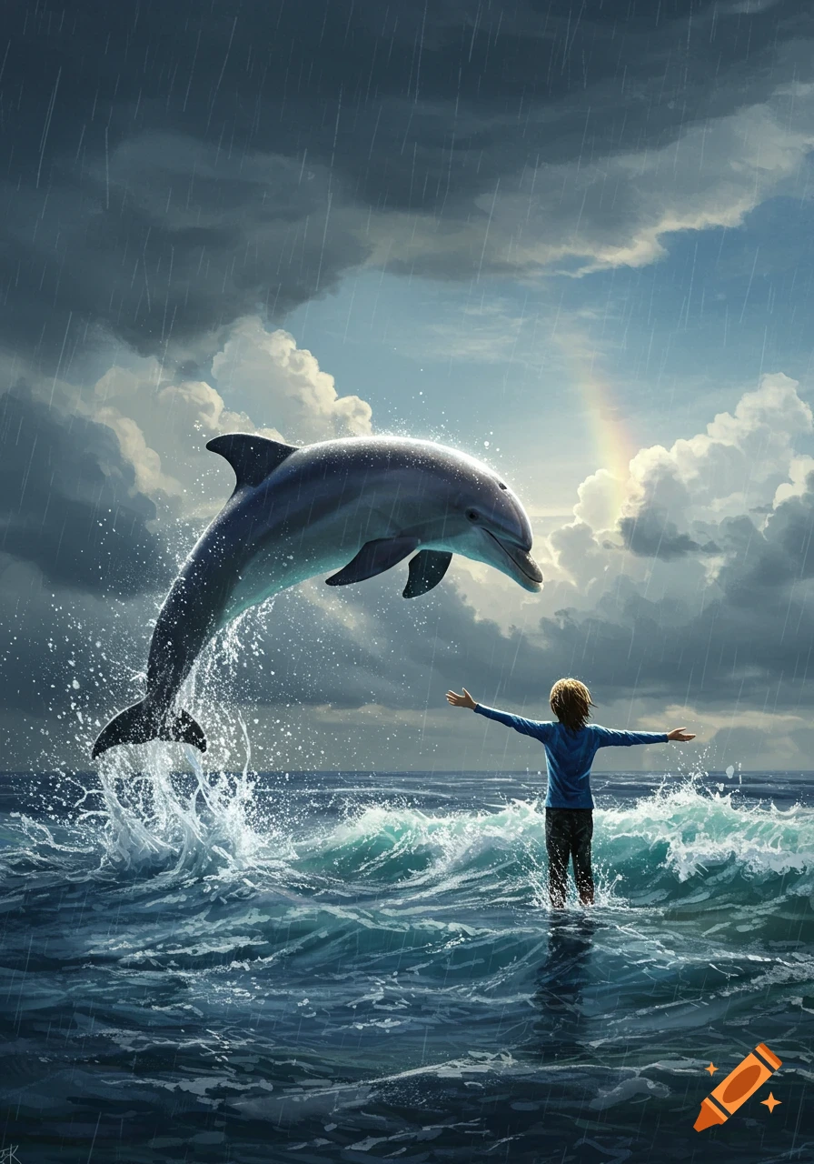 A child with outstretched arms stands in a stormy ocean as a dolphin leaps from the water under falling rain and a rainbow.