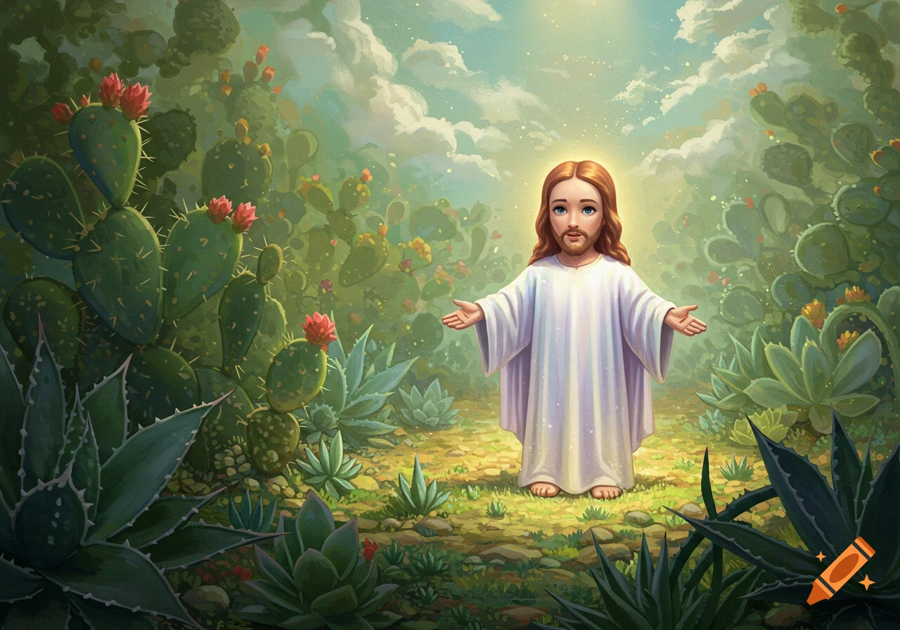 Stylized child-like Jesus with halo, arms outstretched, surrounded by blooming cacti and succulents in a vibrant desert landscape.