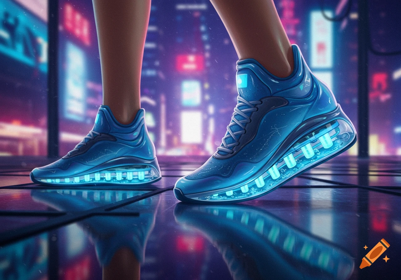 Close-up of a person wearing glowing blue futuristic sneakers on a reflective surface in a blurred cyberpunk city.