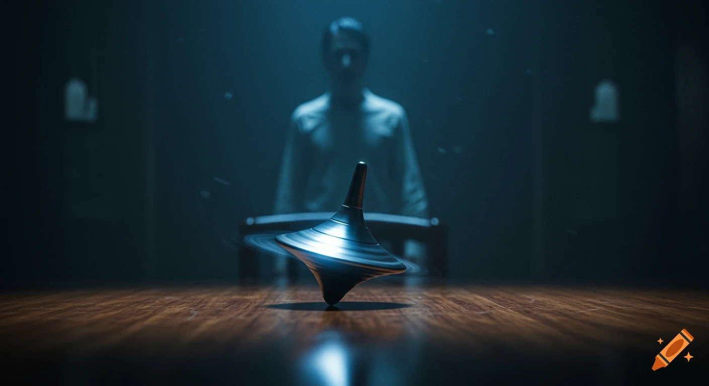 A shiny metallic spinning top on a wooden table in a dimly lit, moody room with a blurred ghostly silhouette in the background.
