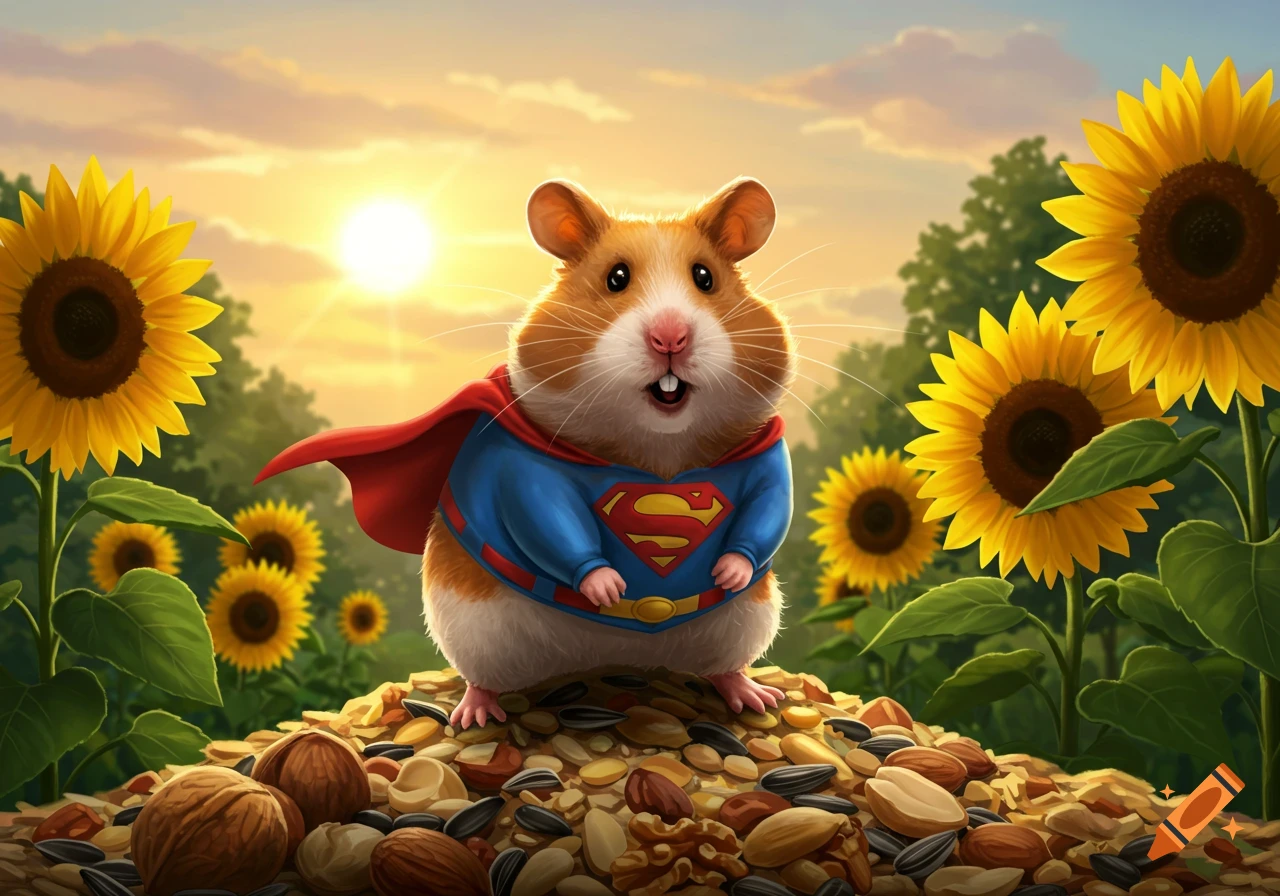 A cute hamster dressed as Superman with a red cape and blue suit, standing on a pile of nuts and seeds in a sunflower field at sunset.