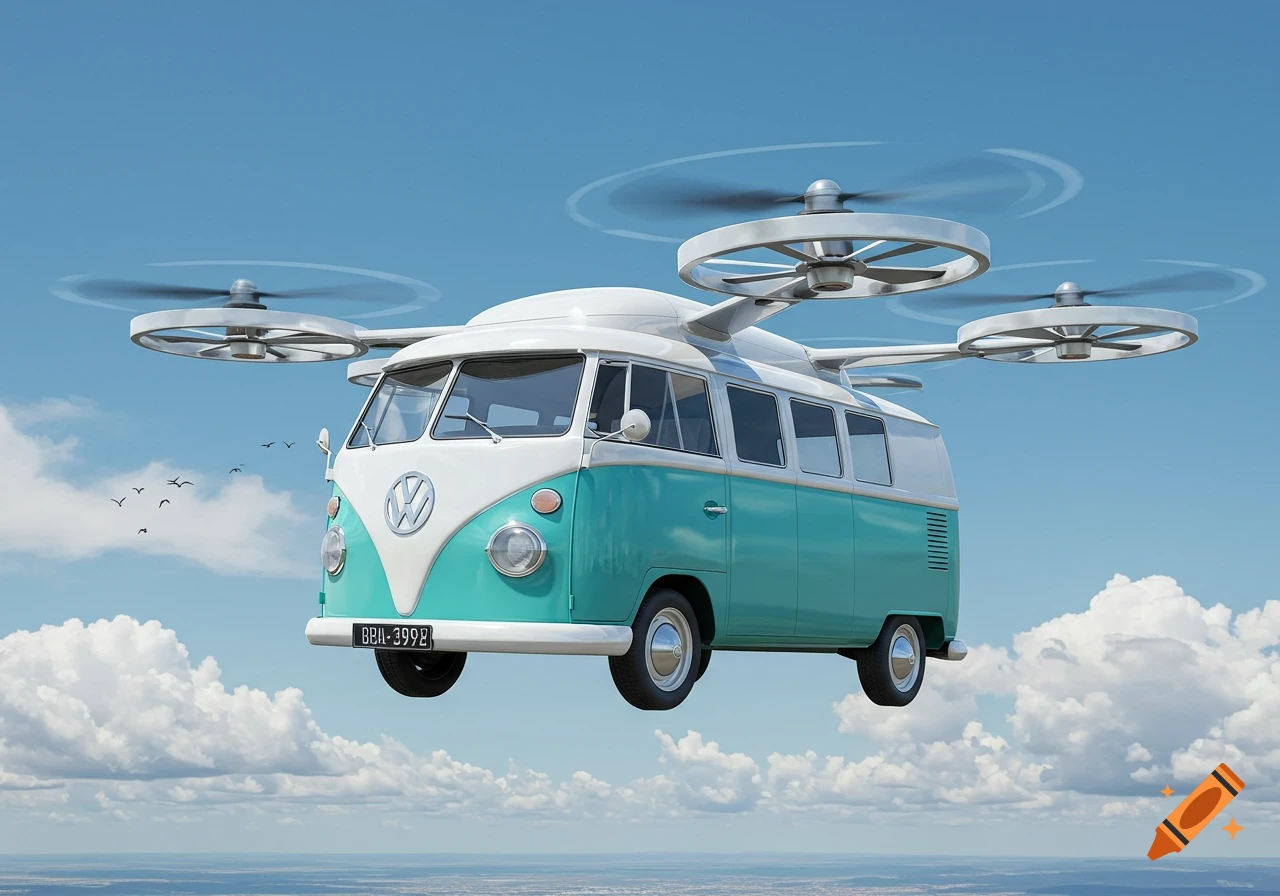A retro-futuristic turquoise and white VW T1 van, modified with four large propellers, flies high in a blue sky with white clouds.