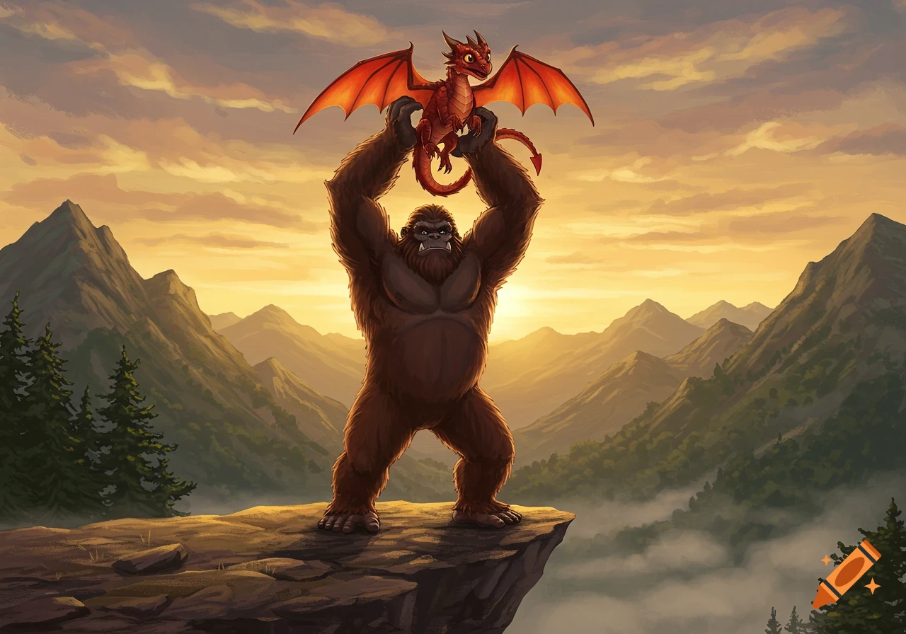 A brown yeti-like creature holds a small red dragon above its head on a mountain cliff at sunset, in an illustrative style.