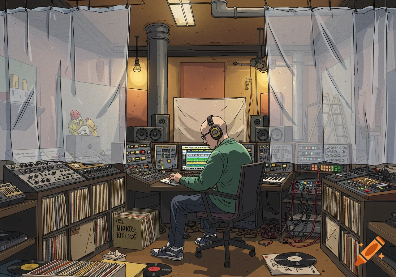 Cartoon illustration of a bald man with headphones working in a cluttered music studio filled with records, synthesizers, and plastic construction curtains.