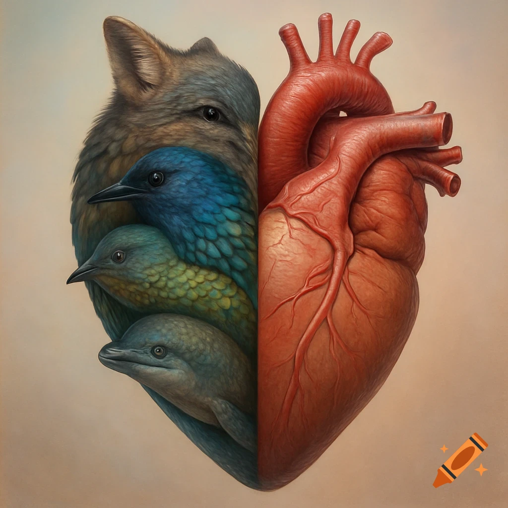 A graphic image of a human heart merged with a stack of animals, including a wolf, two birds, and a dolphin, forming a heart shape.