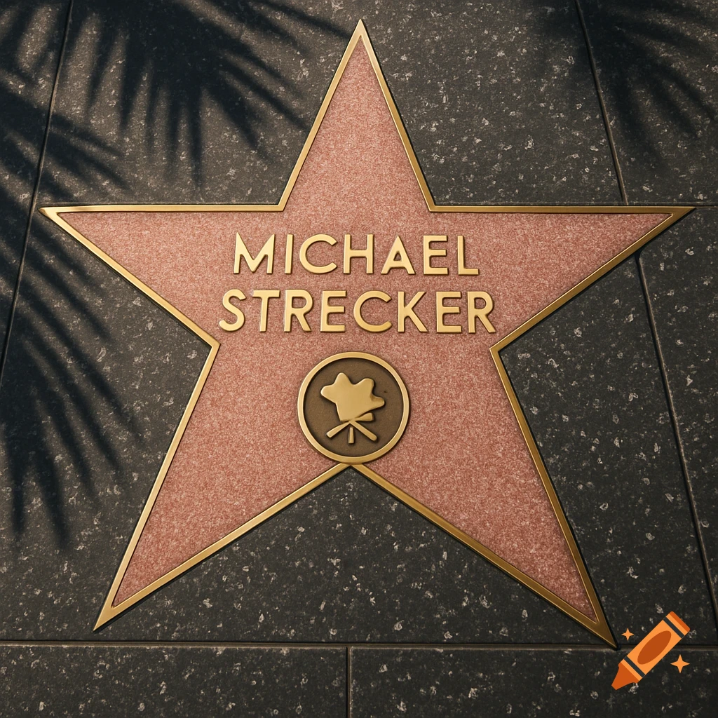 A photorealistic close-up of a pink Hollywood Walk of Fame star with 'MICHAEL STRECKER' in gold letters, with palm leaf shadows.