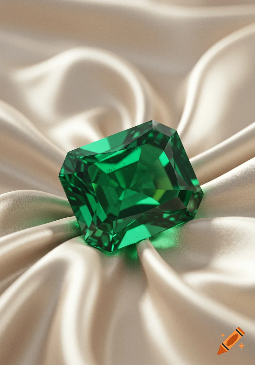 A large, faceted emerald gemstone rests on a draped, creamy silk fabric.