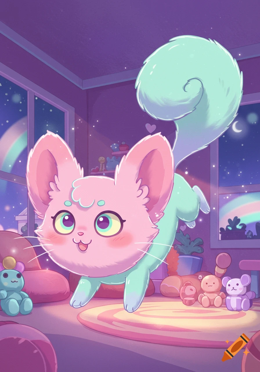 A cute, pink and mint cartoon cat-like creature with big ears and a fluffy tail in a cozy, magical purple room with a starry night view.