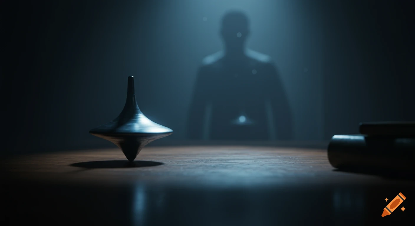 A spinning top on a dimly lit wooden table with a blurred human silhouette in the background, in a moody cinematic style.