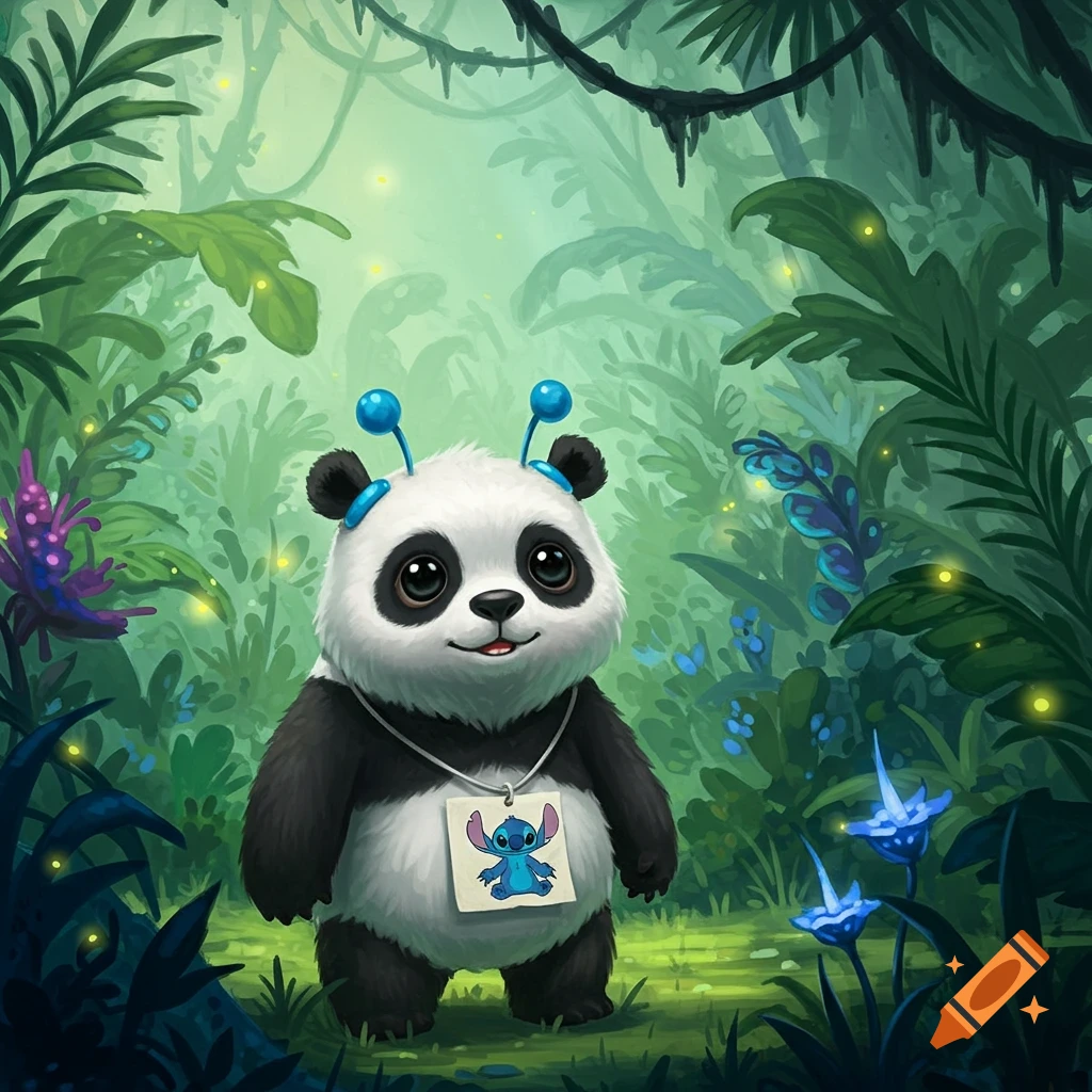 A cute cartoon panda with blue antennae and a Stitch pendant stands in a vibrant jungle.