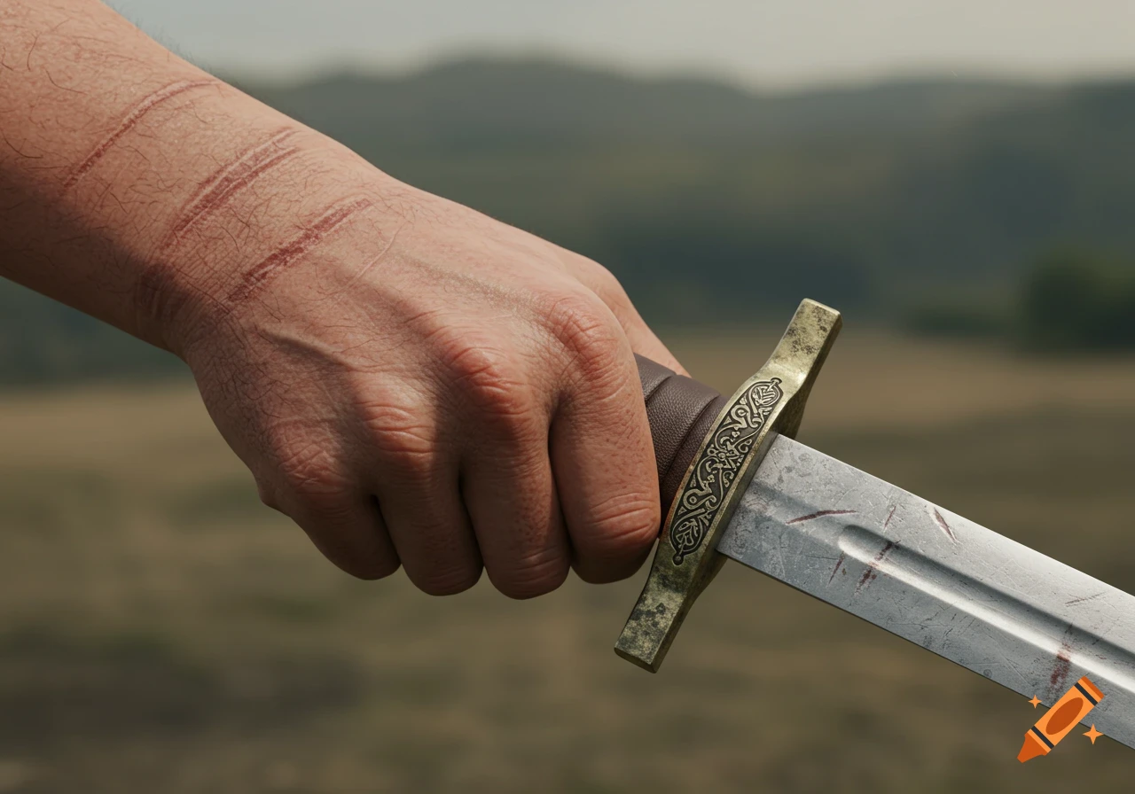 A scarred hand gripping a detailed sword with a decorative hilt, set against a blurry natural landscape.