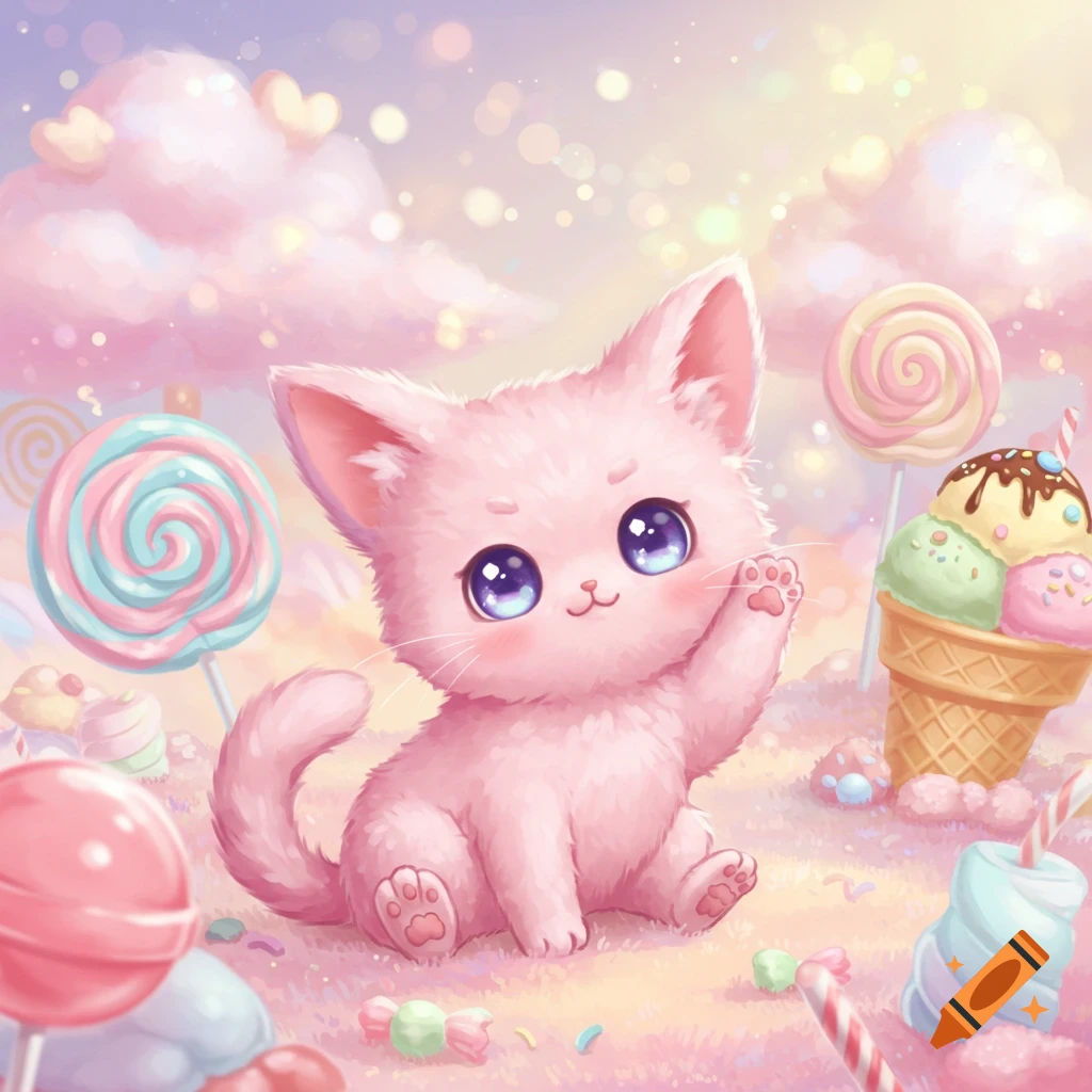 A cute pink kitten with big blue eyes sits in a pastel candy land, waving a paw amidst lollipops and ice cream.