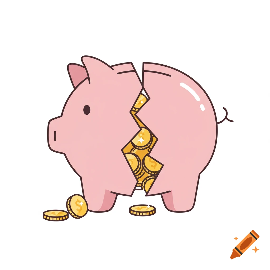 A broken pink piggy bank with gold coins spilling out in a flat vector style.