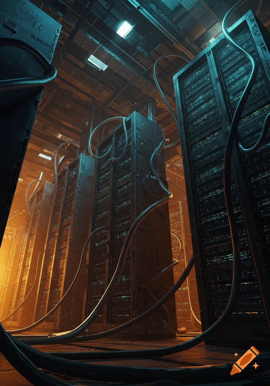 Low-angle view of a vast, dark data center with towering server racks, glowing lights, and thick cables, bathed in warm orange and cool blue light.