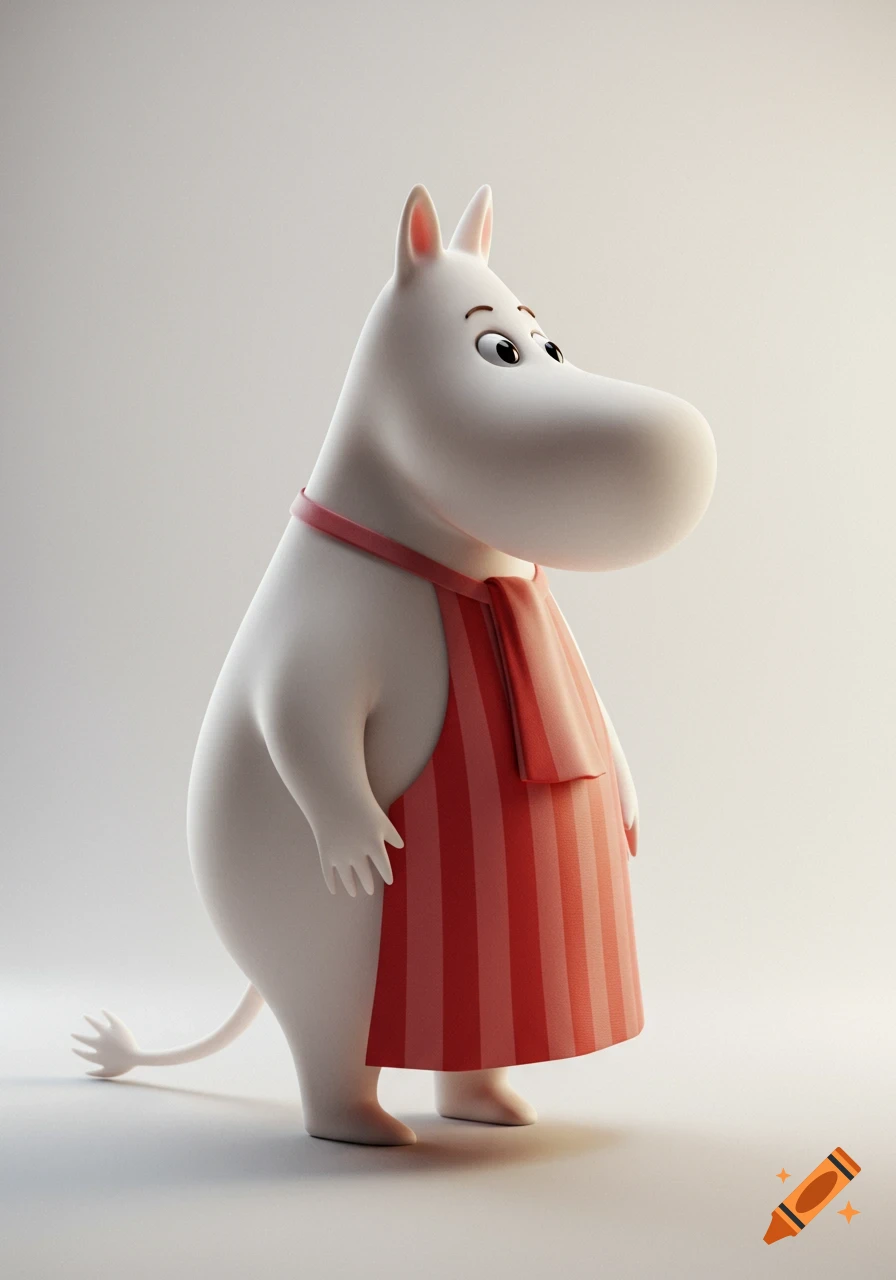 3D render of Moominmamma, a plump white character, wearing a red and white striped apron, standing against a white background.