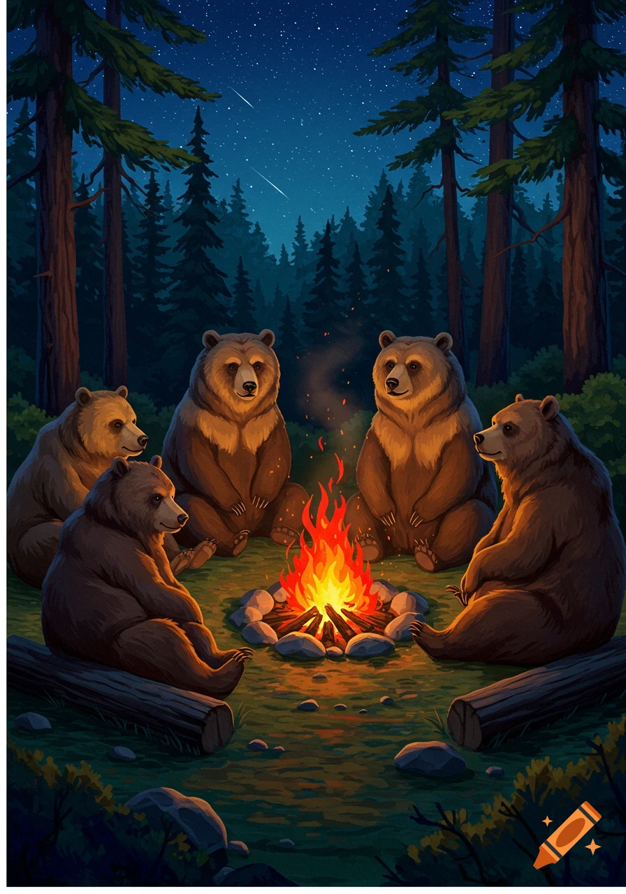 Five illustrated bears sit around a crackling campfire in a dark forest under a starry night sky.