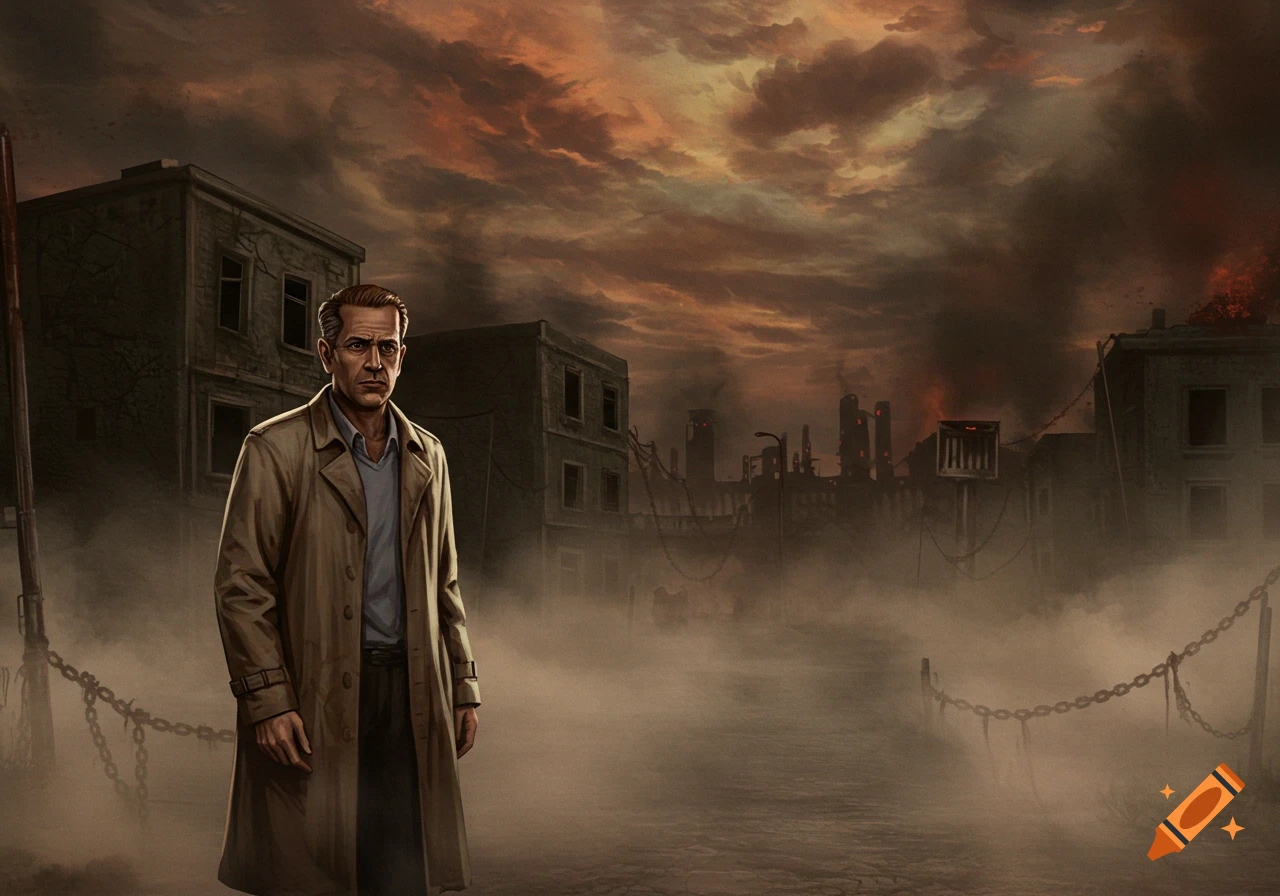 An illustration of a man in a trench coat standing in a foggy, destroyed urban landscape under a dark, ominous sky.