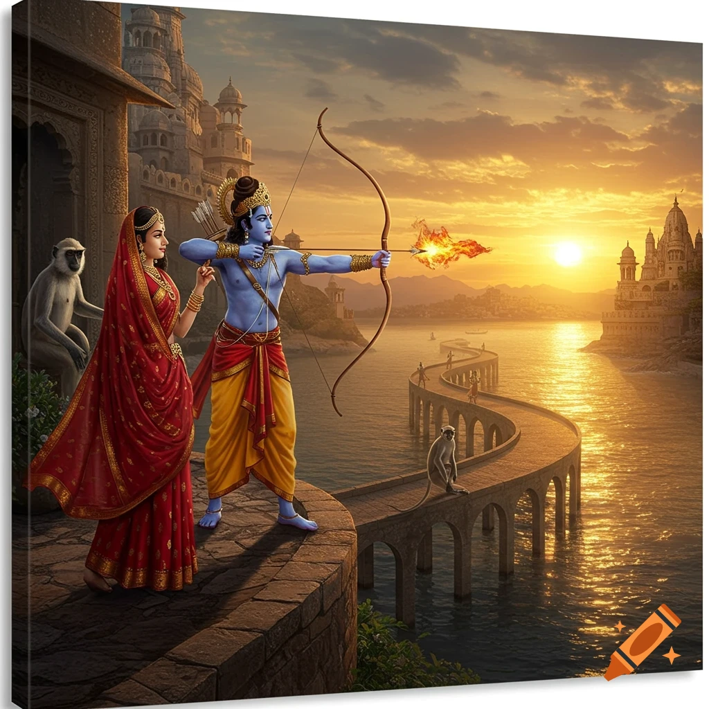 Hyperrealistic painting of blue-skinned Rama aiming a flaming arrow, Sita stands behind him overlooking a winding bridge and river at sunset.