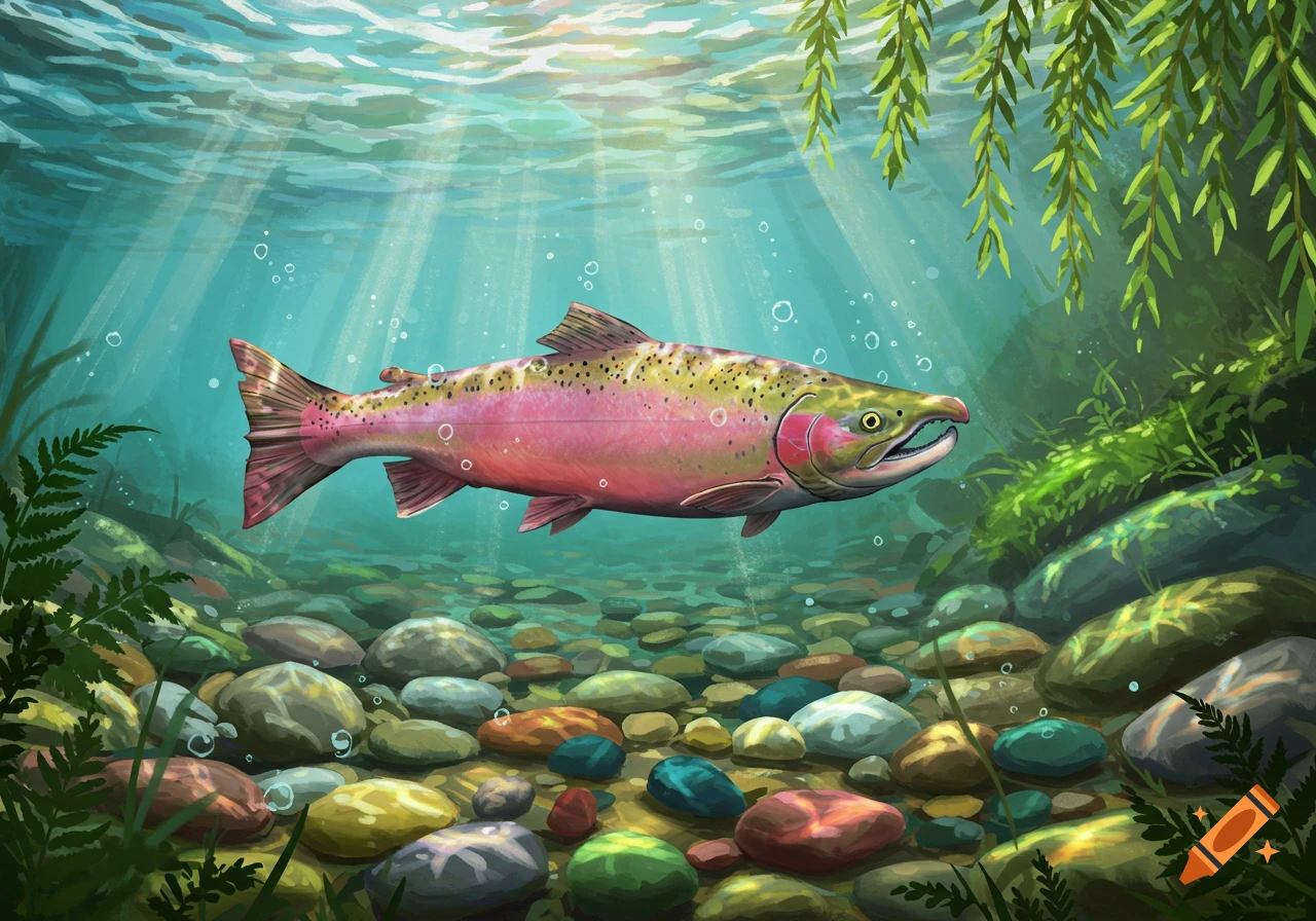 A colorful salmon swims through clear river water over rocks and plants, with sunlight shining from above. Illustration.