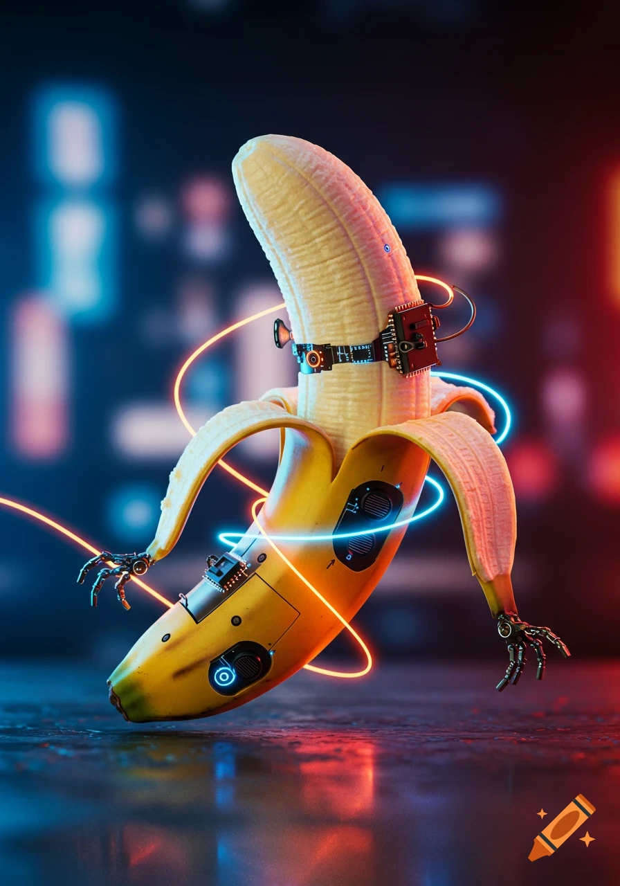 A photorealistic cyborg banana with exposed metallic parts and glowing neon wires, against a blurred cyberpunk background.