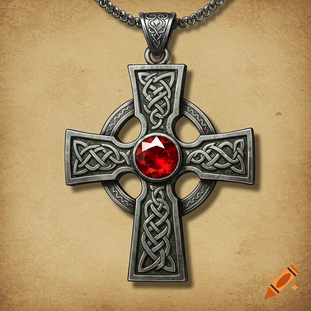 Detailed medieval fantasy illustration of an aged silver Celtic cross pendant with intricate knots and a large red ruby, hanging from a chain on a textured parchment background.