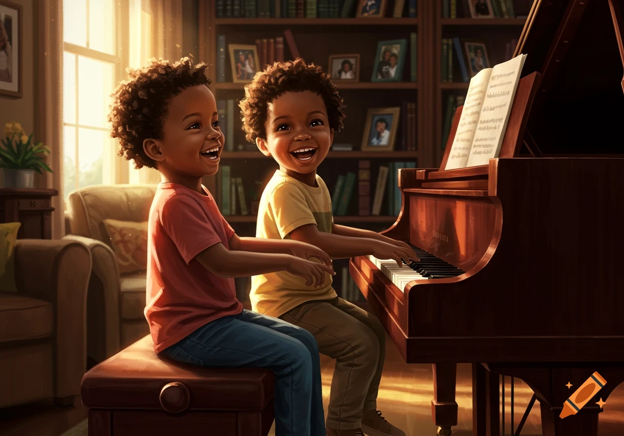 Two smiling Black children with curly hair sit at a brown upright piano in a sunlit room with bookshelves.