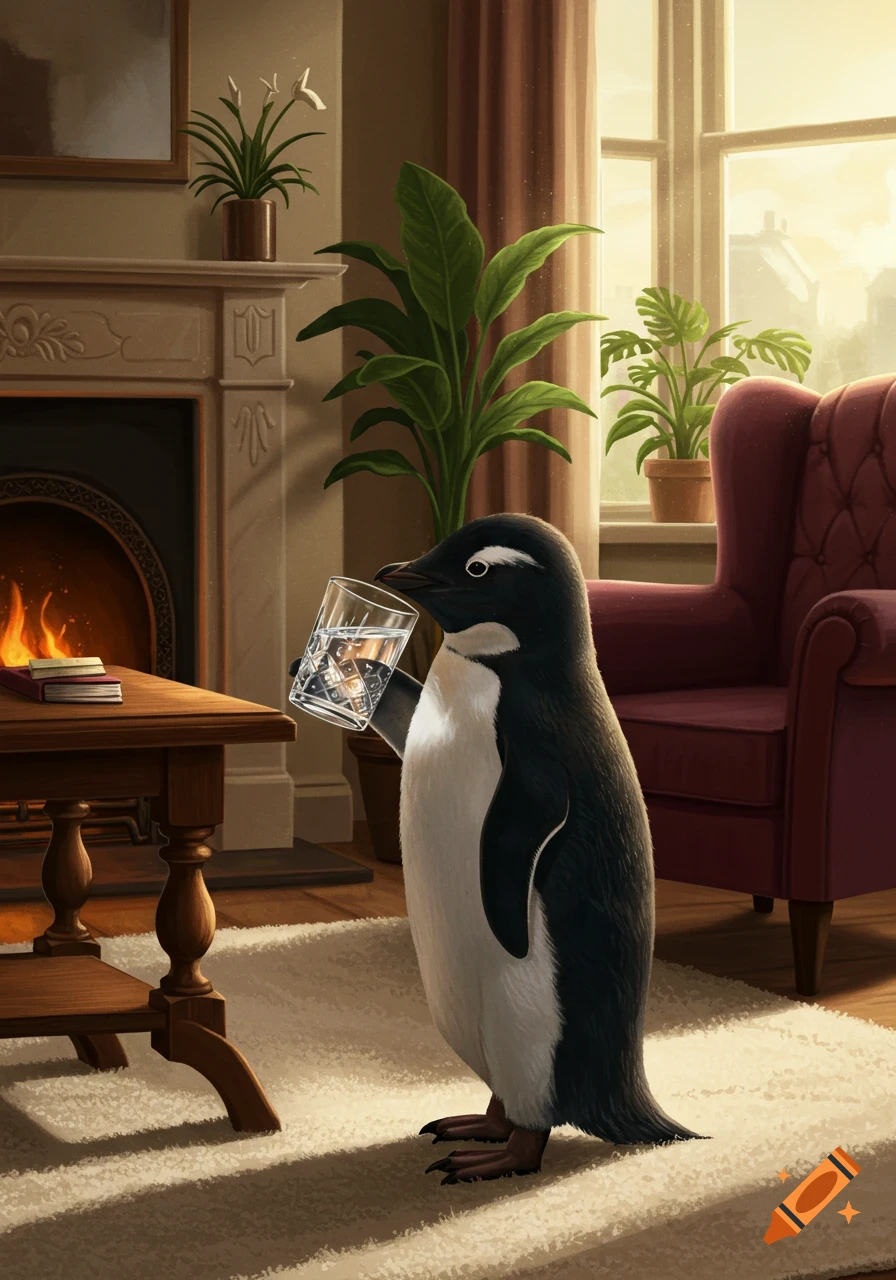 An anthropomorphic penguin holds a glass of water with ice, standing in a cozy living room next to a lit fireplace and large window.