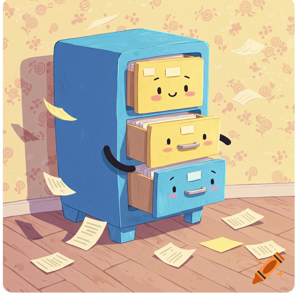 A cute, blue cartoon filing cabinet with three drawers, two of which are open revealing yellow folders with faces. Papers scatter on the floor.
