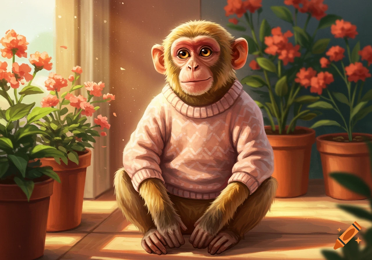 A cute cartoon monkey wearing a pink patterned sweater sits on a sunlit wooden floor surrounded by potted plants.