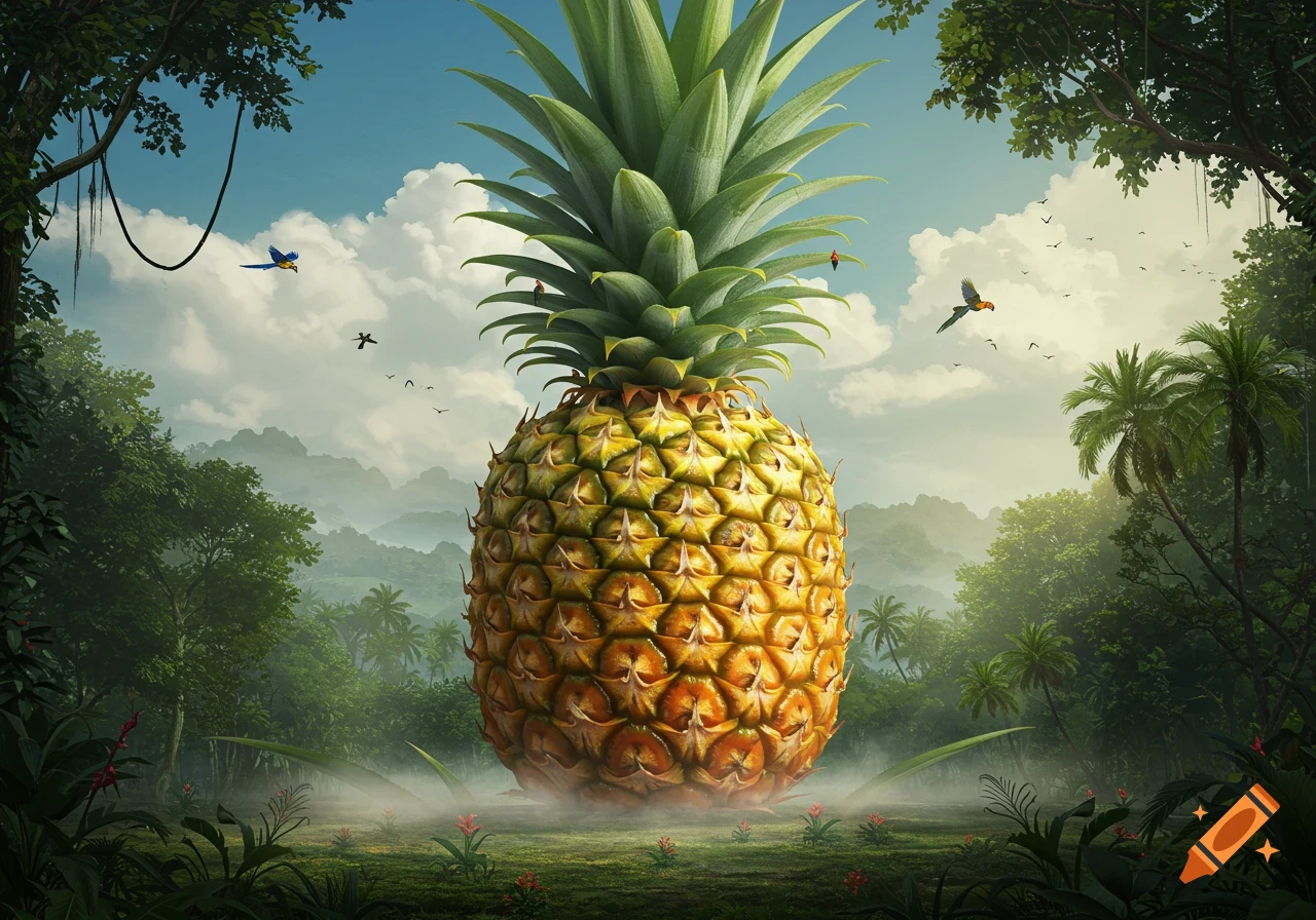 A gigantic, photorealistic pineapple stands prominently in a lush tropical jungle under a partly cloudy blue sky, with parrots flying.