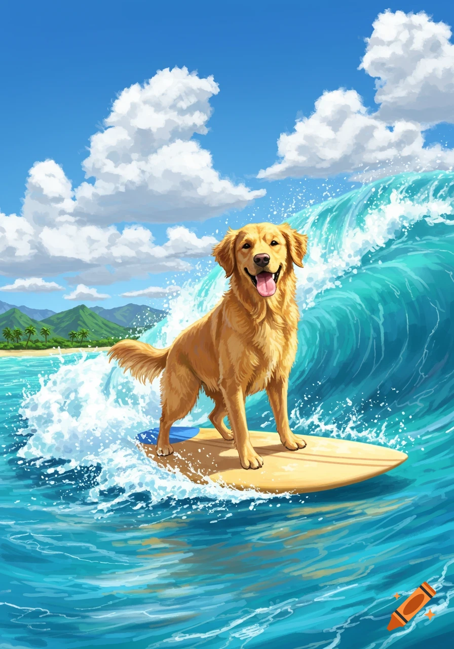 A happy golden retriever stands on a surfboard, riding a large blue wave in a tropical ocean under a clear sky.