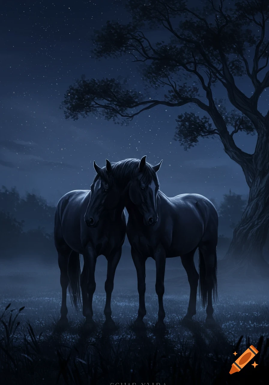 Two dark horses rub heads in a moonlit meadow under a large tree, a melancholic digital painting.