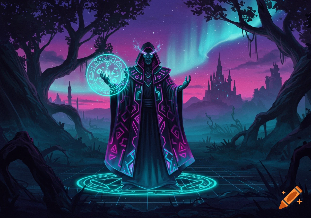 A robed wizard casts a neon spell in a dark fantasy forest with castles under an aurora-filled sky.