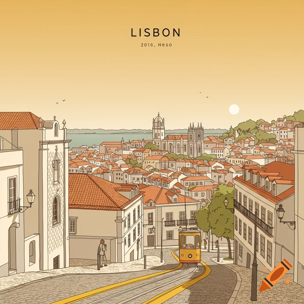 Minimalist illustration of Lisbon with a yellow tram on a cobbled street, historic buildings, a cathedral, and the sea under an orange sky.