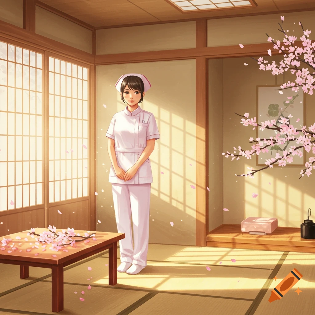 Anime-style Japanese nurse standing in a traditional room with shoji screens and falling cherry blossoms.