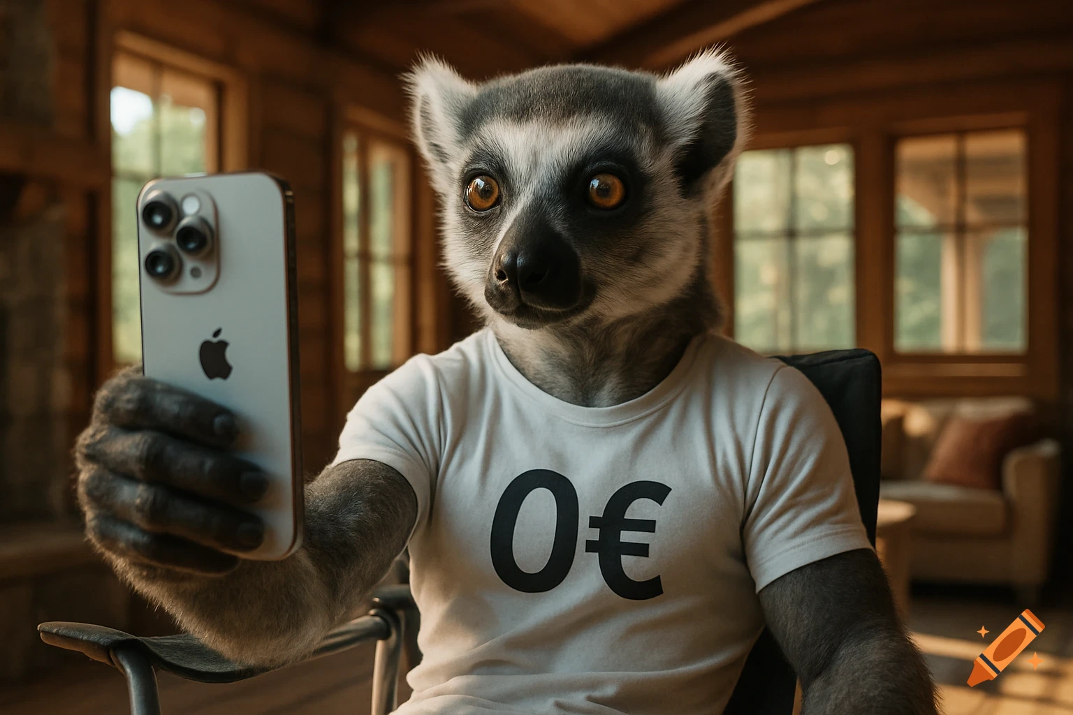A hyper-realistic humanoid lemur takes a selfie with an iPhone in a wooden cabin, wearing a white t-shirt with "0 €" printed.