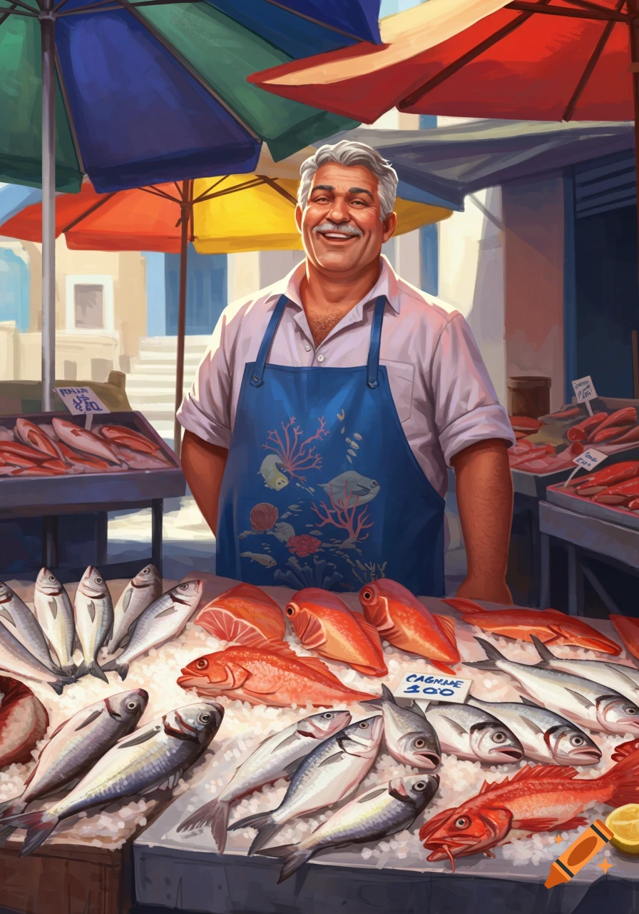 Smiling fishmonger behind a market stall overflowing with fresh fish and ice under colorful umbrellas, in an illustration.