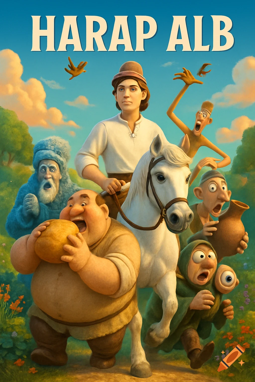 A colorful 3D animated poster with the title "HARAP ALB" above a young man on a white horse, followed by a group of exaggerated, fantastical characters in a vibrant landscape.