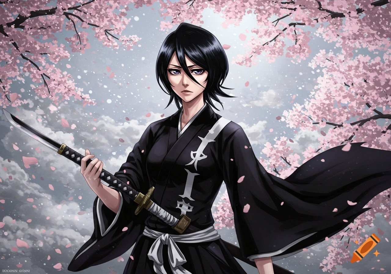 Anime character Rukia Kuchiki from Bleach holding a katana under pink cherry blossoms.
