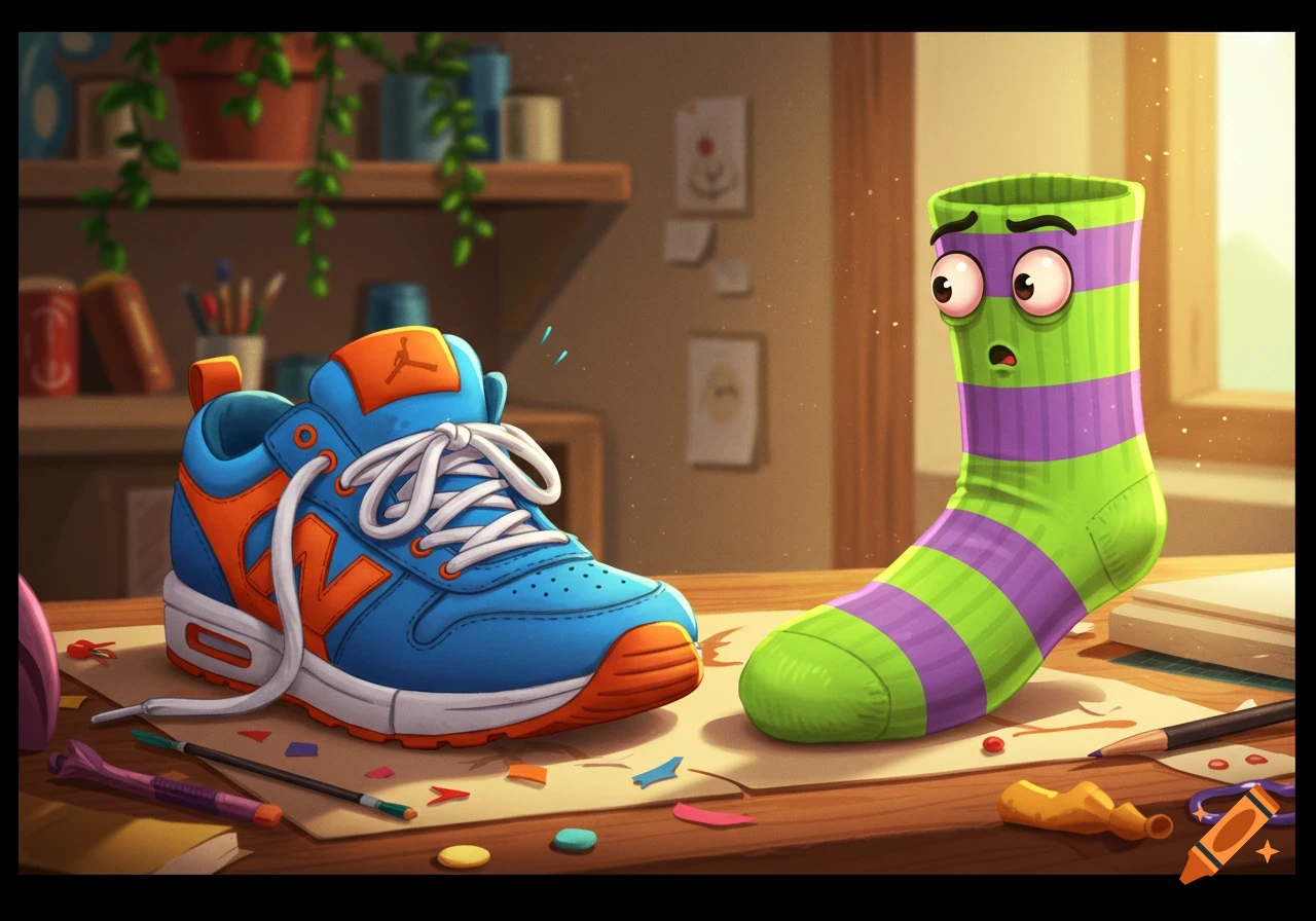 A cartoon blue and orange sneaker with white laces on a messy desk faces a green and purple striped sock with googly eyes and a surprised expression.
