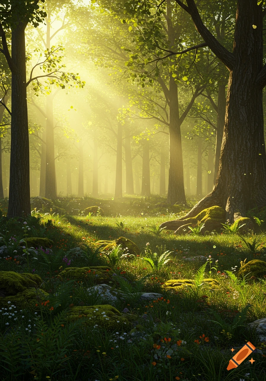 Sunlight streams through the trees in a lush, photorealistic forest with mossy ground and wildflowers.