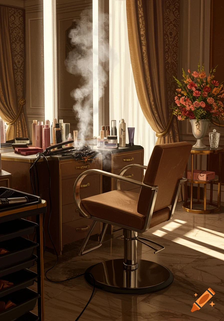 An illustration of a luxurious beauty salon interior where a hair straightener is smoking on a vanity next to an empty salon chair.