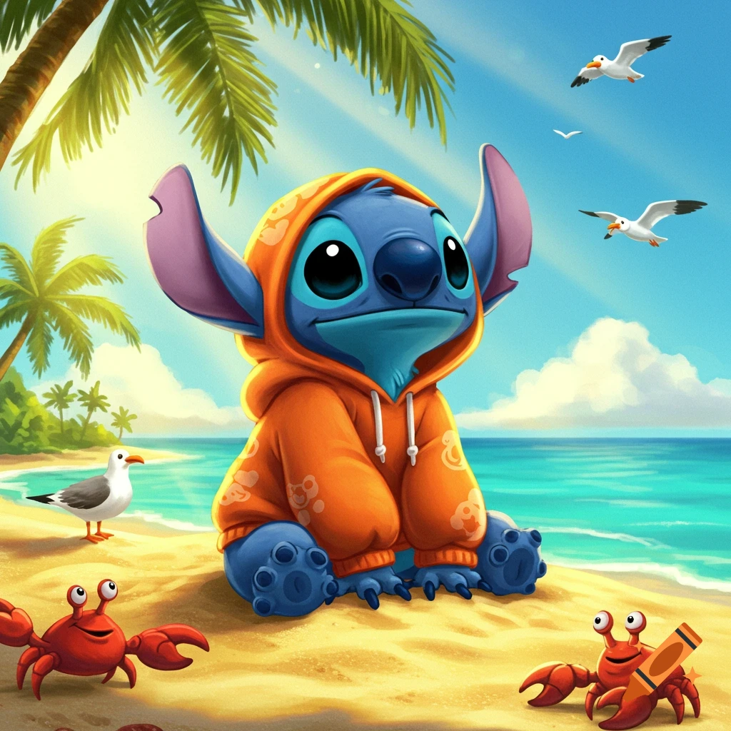 Cartoon Stitch in an orange hoodie sits on a sunny tropical beach with palm trees, seagulls, and crabs by the ocean.